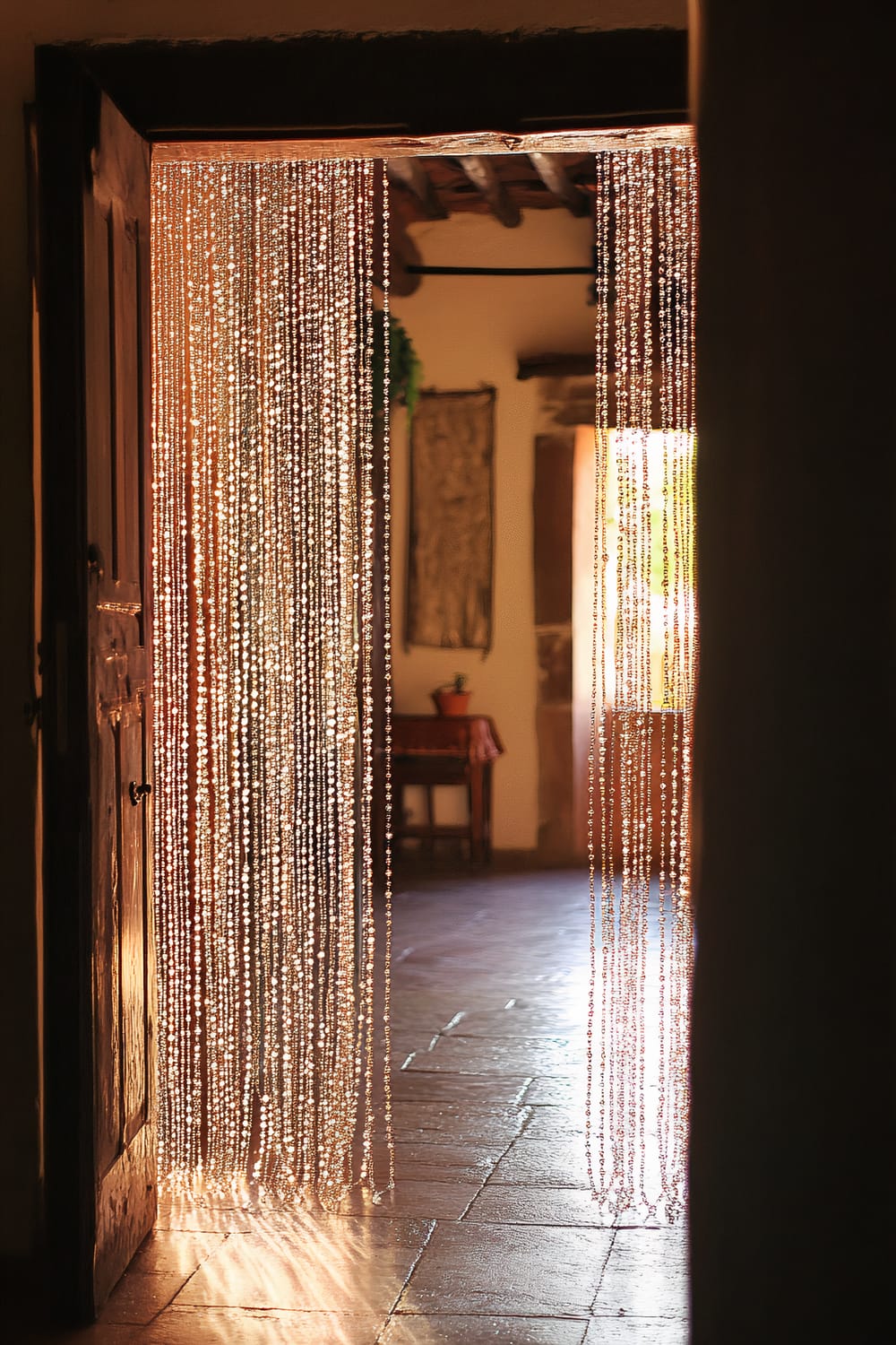 A rustic doorway adorned with shimmering beaded curtains, letting in soft, warm light that illuminates the wooden and tile interior of the room beyond. The room includes rustic wooden beams on the ceiling, a woven wall hanging, potted plants, and a small table with red cloth.