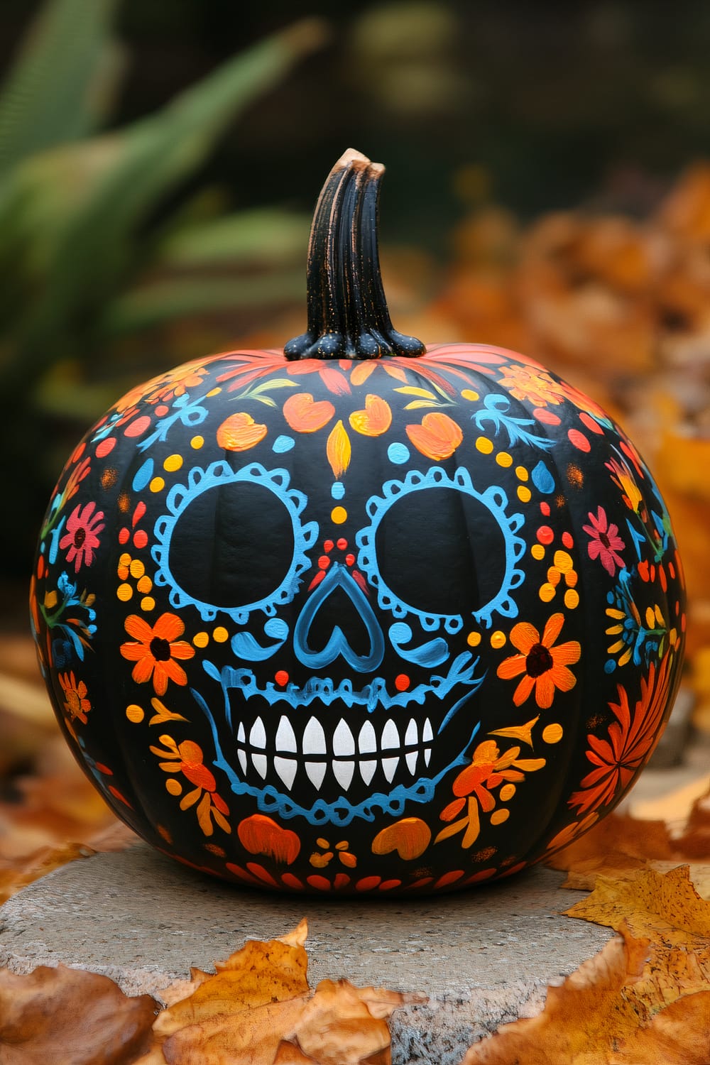 A pumpkin painted with a colorful sugar skull design, sitting on a concrete surface surrounded by autumn leaves. The design features large, hollow black eyes, a smiling mouth with visible teeth, and intricate floral and abstract patterns in bright colors such as blue, orange, and red.