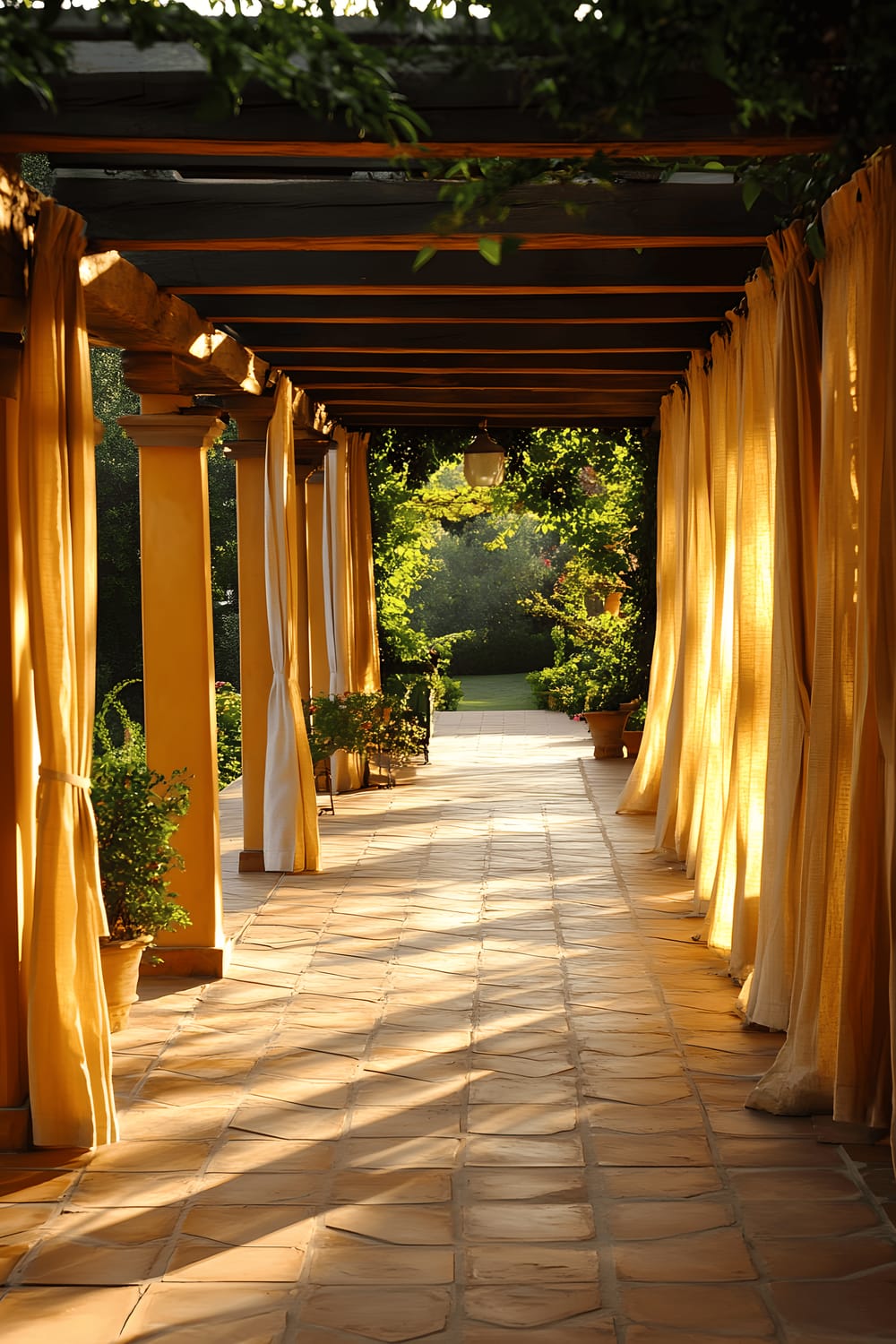 A refurbished, turmeric yellow wooden pergola is casting warm, golden light over a patio with terracotta tiles. The pergola is covered in flowing, linen curtains adding an airy and relaxing aesthetic.