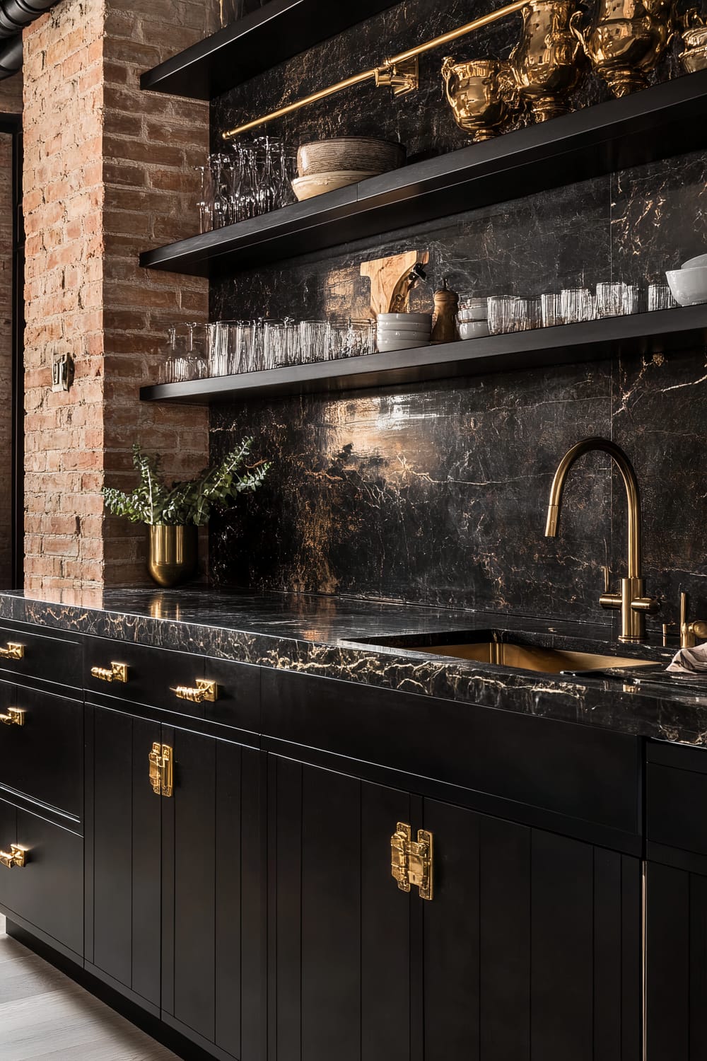 Close-up of a sophisticated kitchen with black cabinets and marble countertops. The scene features a brass faucet and handles that accentuate the black cabinetry. The wall behind the sink is made up of black marble with golden veins. Open shelves hold glassware, ceramics, and golden decorative items, while a gold-toned plant pot with green foliage adds a touch of softness to the space.