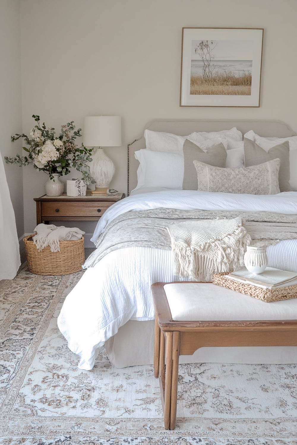 A bedroom featuring a neutral color palette with a bed made up with white and beige bedding. Decorative pillows and a textured throw blanket lie atop. A wooden bench sits at the foot of the bed. A hardwood nightstand with a lamp, floral arrangement, and decor is on the left. A woven basket with a blanket is on the floor. A framed landscape photograph hangs above the bed.