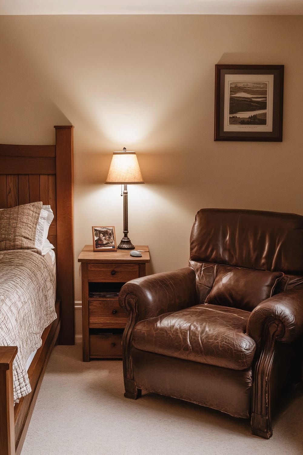 A warmly lit bedroom with a wooden bed frame on the left, cream-colored walls, and a bedside table in the center with a table lamp. On the right is a brown leather armchair. Framed artwork hangs on the wall above the armchair.