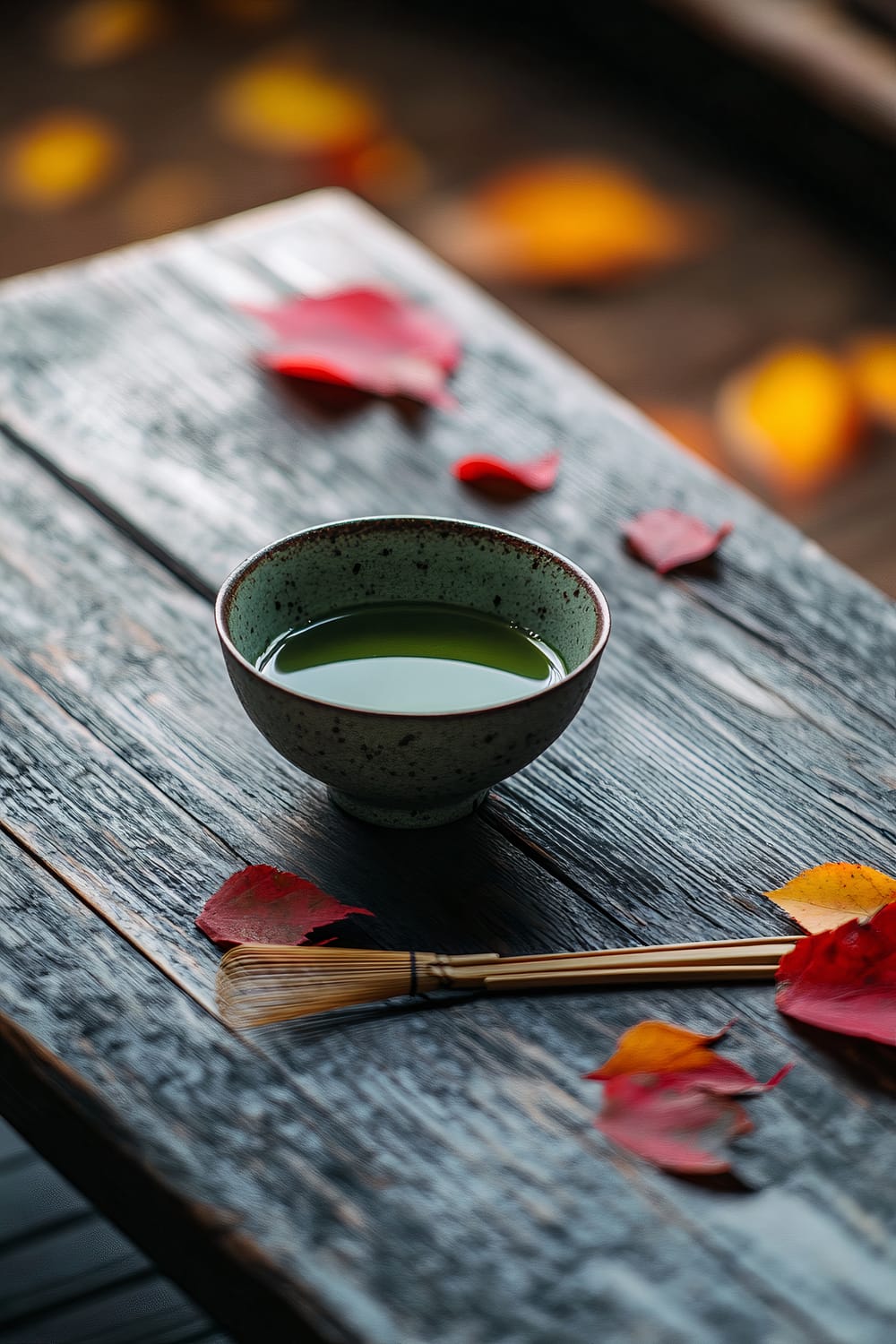 A minimalist coffee table features a traditional Japanese tea ceremony setup with a matcha bowl filled with green tea and a bamboo whisk. Red and yellow leaves are scattered across the dark wood surface of the table, and soft natural light illuminates the scene, creating a tranquil atmosphere.