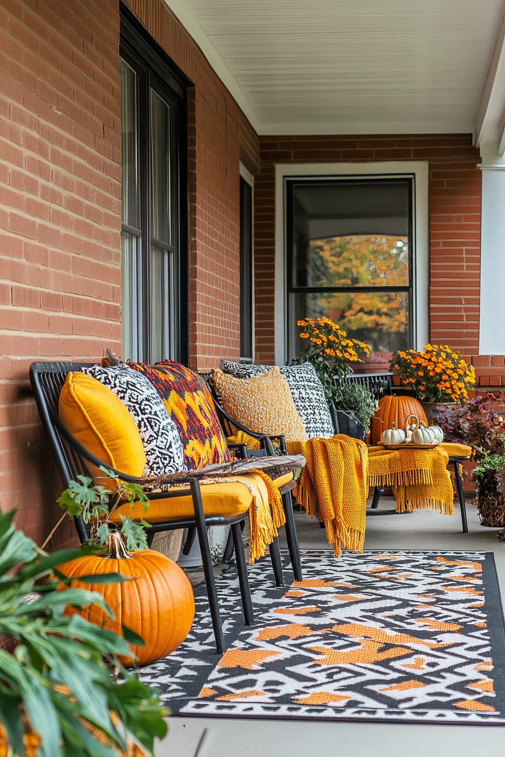 A welcoming porch decorated for autumn features black-framed doors and windows set in a brick wall, with a white ceiling overhead. On the porch are black chairs adorned with plush, orange cushions and patterned throws in yellow and black. A matching area rug displays a geometric design, echoing the color palette of the seats. Adorning the space are pumpkins and clusters of bright orange flowers, enhancing the vibrant fall ambiance.