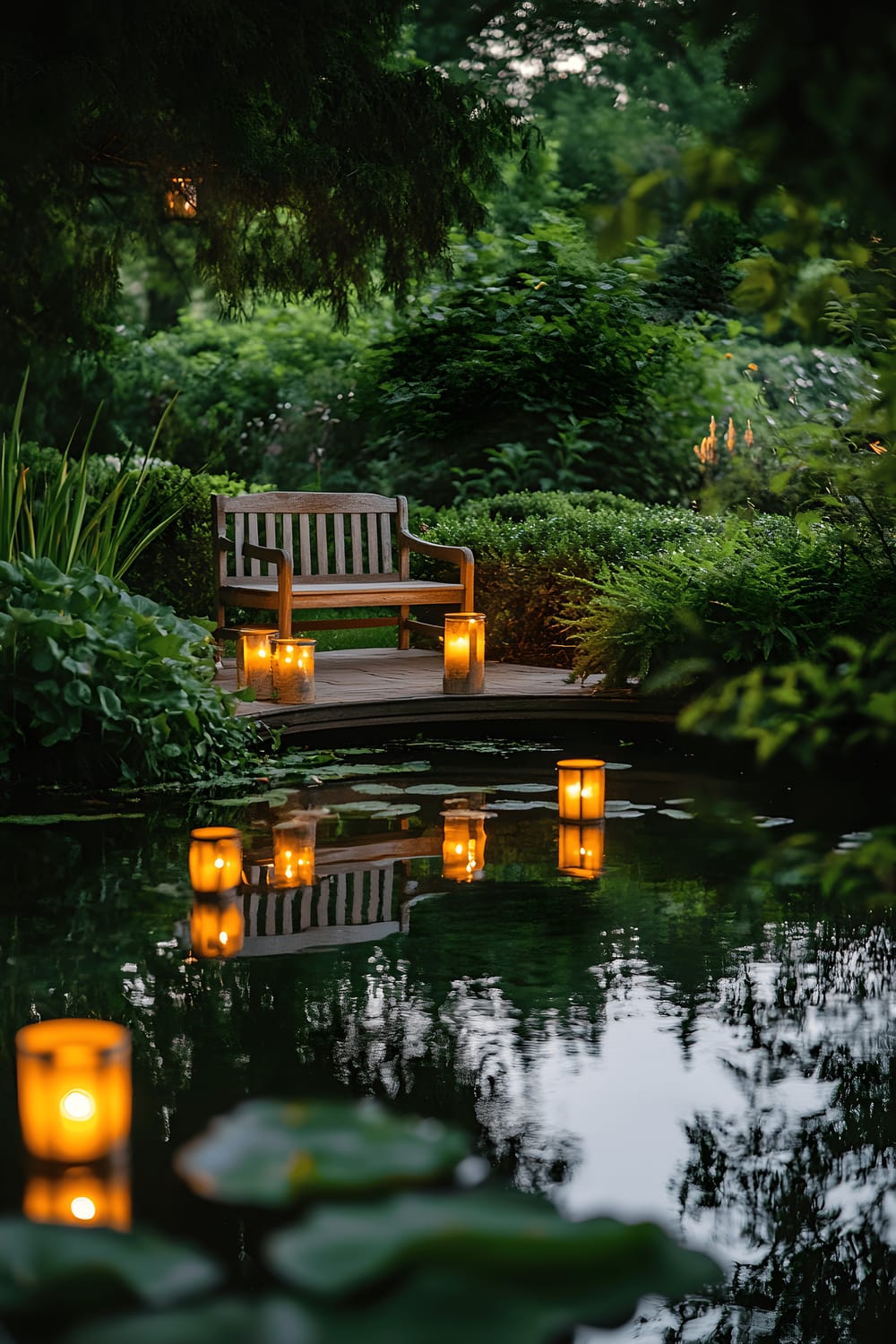 A tranquil backyard scene featuring a serene pond reflecting the image of a softly lit full moon and surrounding vegetation. Nearby, a simple wooden bench adds to the scenery. The pond surface is illuminated by glowing floating lanterns with candles inside, further accentuating the magical feel.