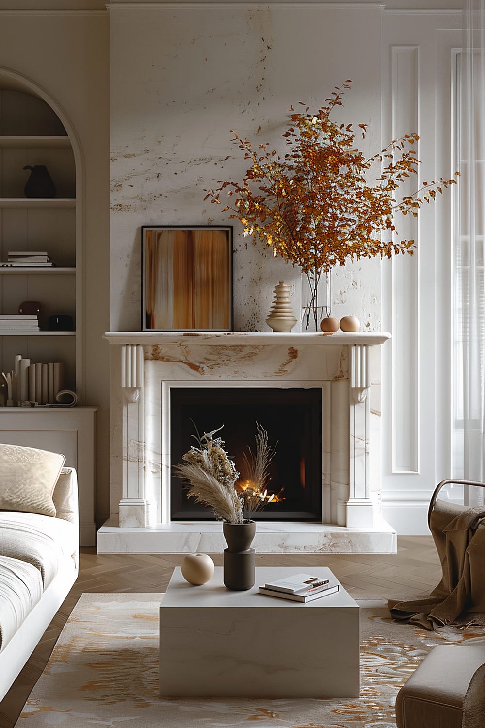 Stylishly decorated living room showcasing a luxurious marble fireplace as its focal point. Above the fireplace, there's a piece of artwork with abstract patterns, offset by a vase with autumnal branches. A square coffee table with a minimalist design holds an arrangement of dried flowers and a couple of books. The room has a light, neutral palette with beige hues, highlighted by the comfortable sofa on the left and the patterned rug below.