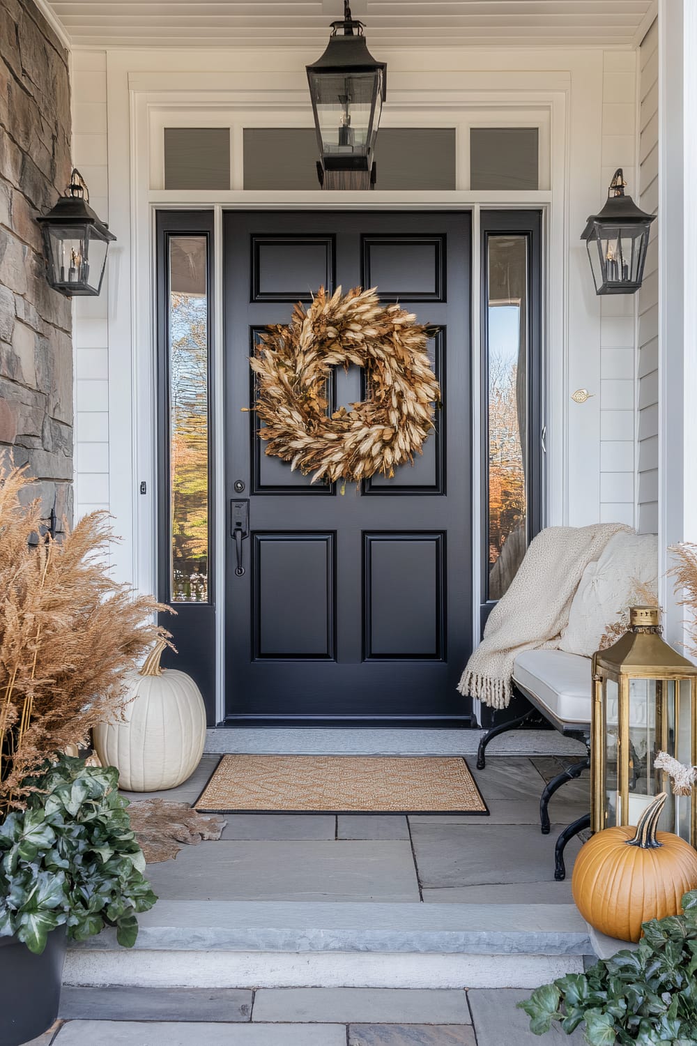 A welcoming front porch features a black-paneled door adorned with a wheat-themed wreath. Flanked by tall, black-framed glass lanterns, the entrance exudes a cozy charm. To the left, a white pumpkin and a pot of dried wheat sheafs add an autumnal touch, while lush greenery provides contrast. On the right, a cushioned bench is topped with a cream-colored knitted throw blanket. A golden lantern and another pumpkin complete the look, resting on the stone tile floor. The overall scene is elegant yet inviting.