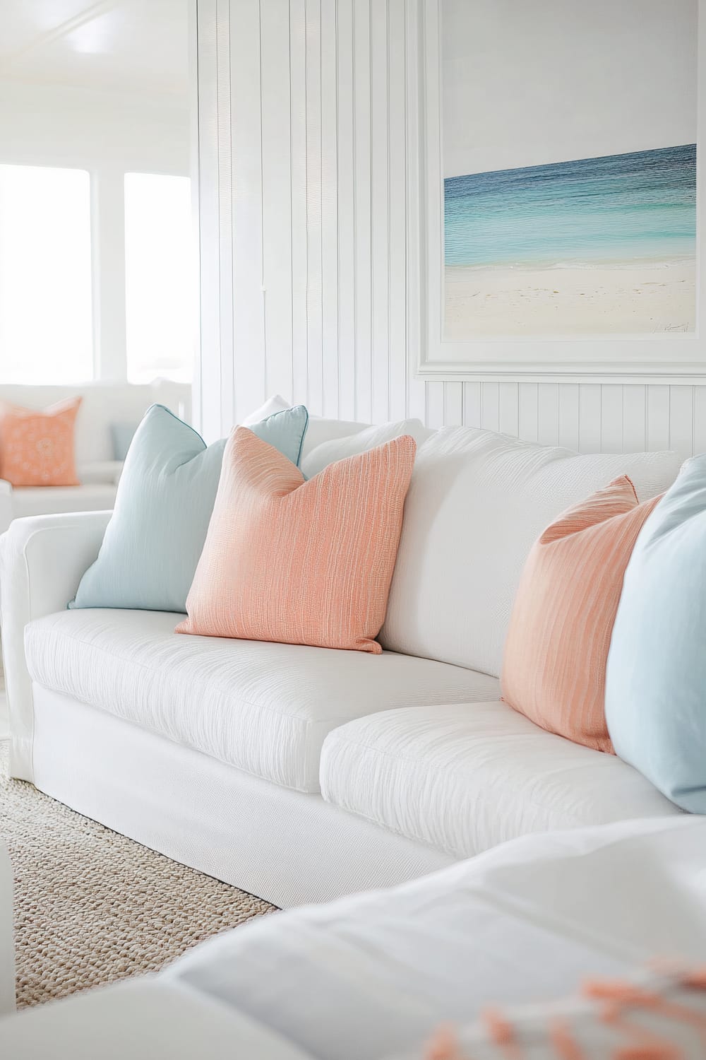 A serene living room featuring a white sofa accented by pastel blue and peach cushions. The space is adorned with white vertical paneling on the walls, and a nautical beach scene painting above the sofa adds a coastal charm. A woven natural fiber rug covers the floor, enhancing the room's light and airiness.