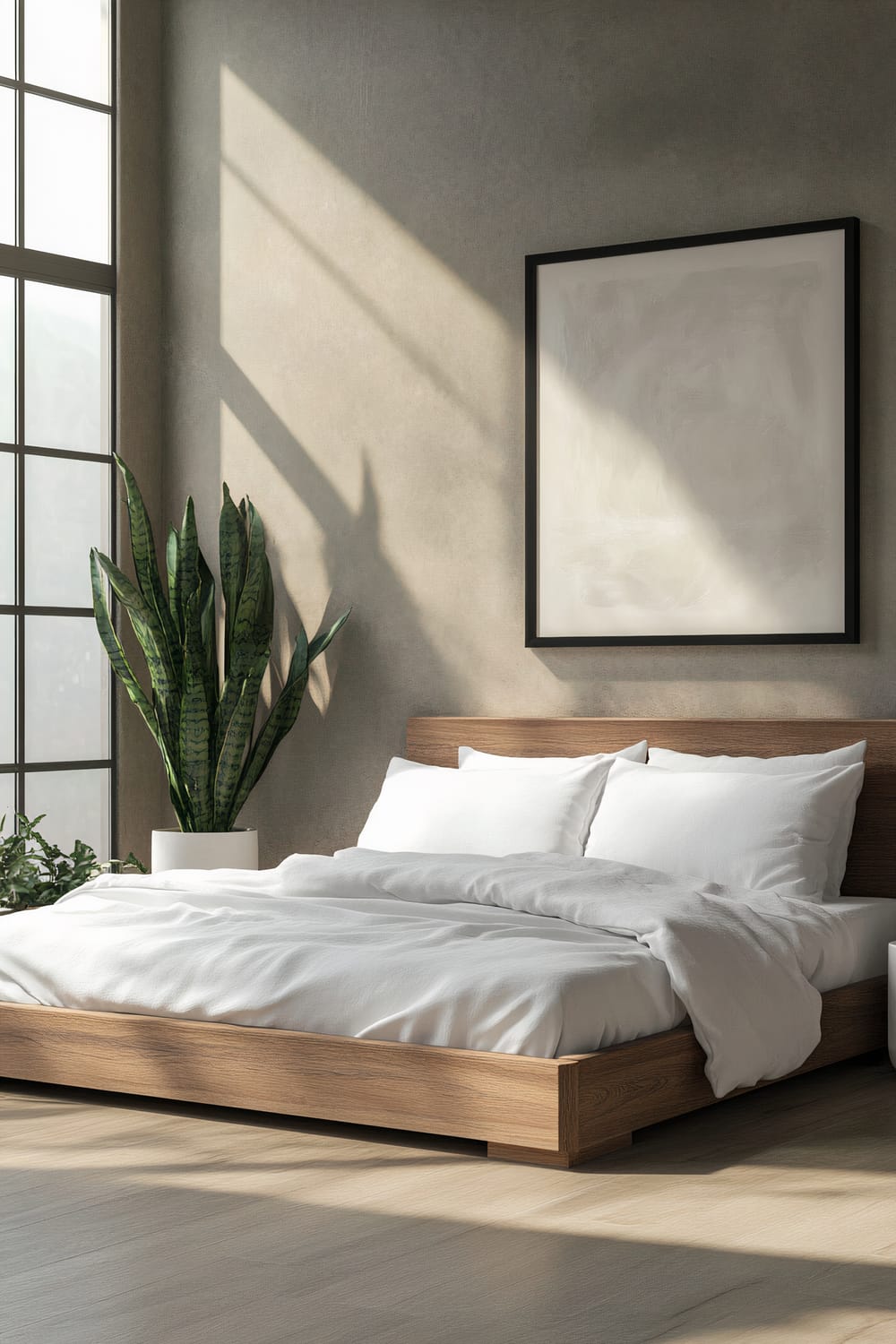 A Scandinavian minimalist bedroom featuring a light oak platform bed with white linens. On either side of the bed are snake plants in white ceramic pots. Natural light streams through a large window on the left, casting shadows on the pale grey walls. Above the bed hangs a black-framed abstract print. The room has a clean and airy feel with soft tones.