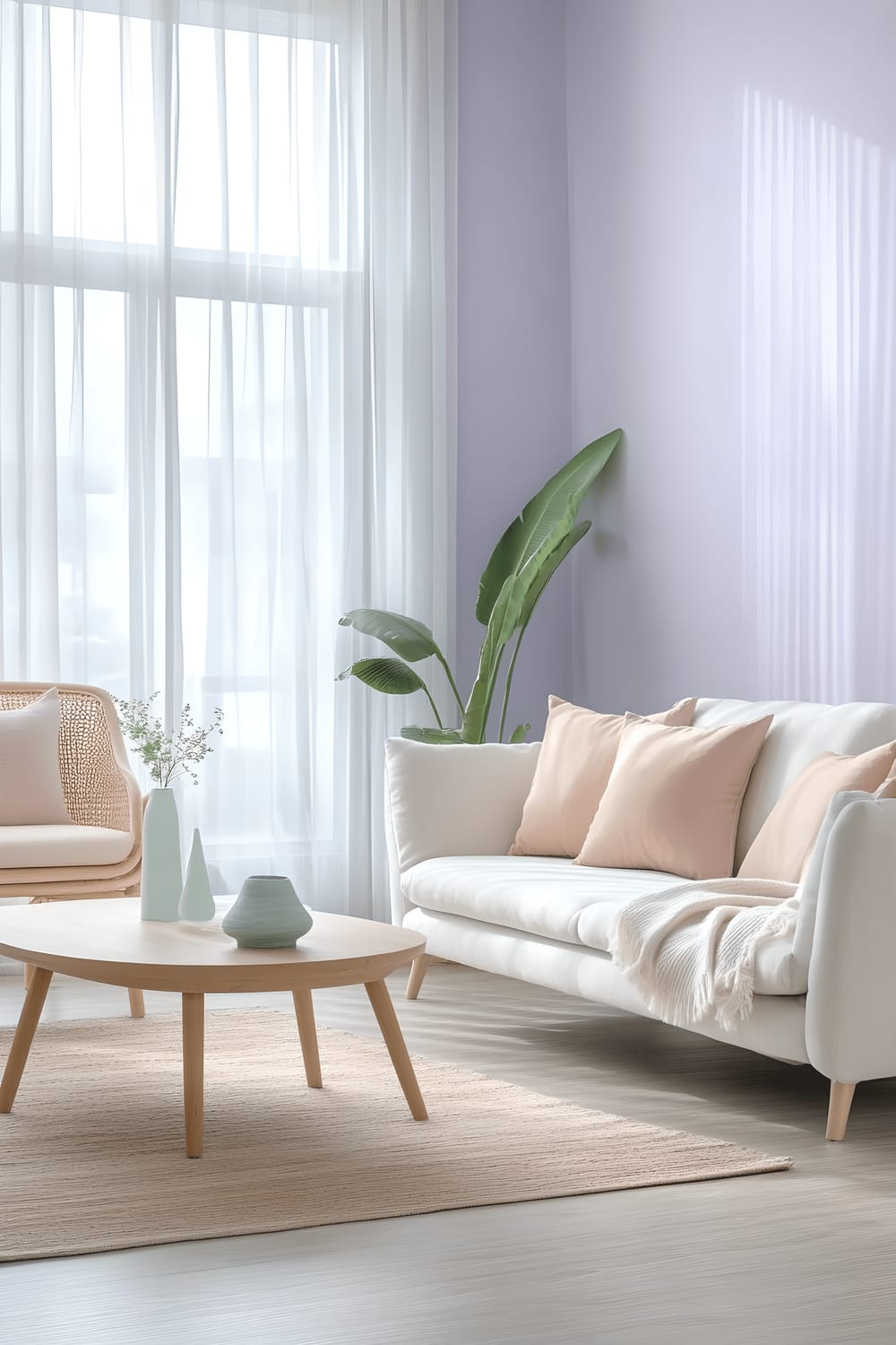 A light-filled minimalist living room with soft lilac walls, warm wood flooring and sleek white furniture. The room is accentuated with pastel touches such as a mint vase on the coffee table and coral, peach colored throw pillows on the white sofa. A large window with sheer white curtains allows ample natural light in.