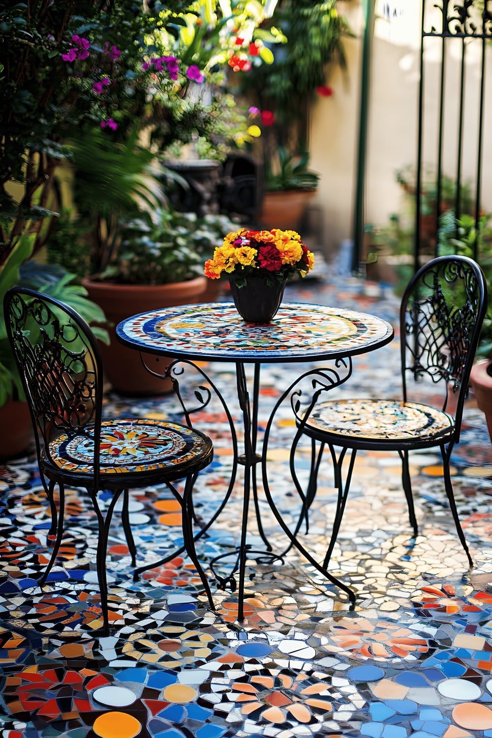 A charming outdoor patio scene showcasing a wrought iron bistro set, consisting of a table and mismatched chairs, each placed on a mosaic tile floor in vibrant patterns. The table is decorated with a bright floral centerpiece. The photo was captured in the soft morning light highlighting the exquisite details of the intricate tiles on the patio floor.