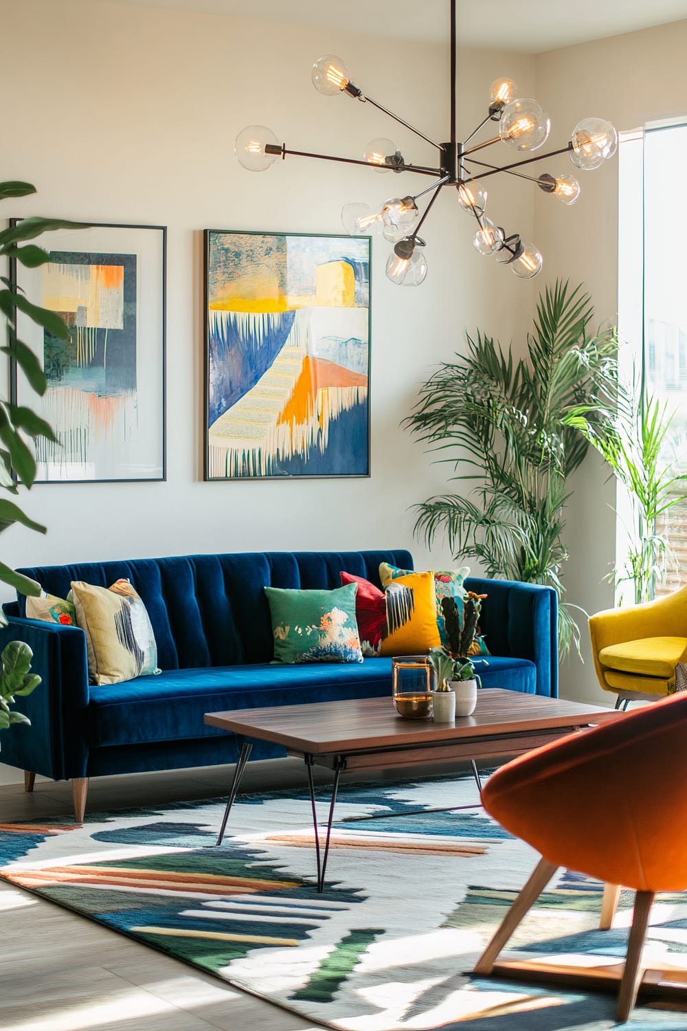 An eclectic living room features a deep-blue velvet sofa with vibrant colorful cushions. The room showcases abstract art on gallery-style walls. A mid-century wooden coffee table is placed on a geometric rug. Contemporary light fixtures hang above, and indoor plants add freshness to the space. Accent chairs in contrasting colors enhance the room’s dynamic vibe.