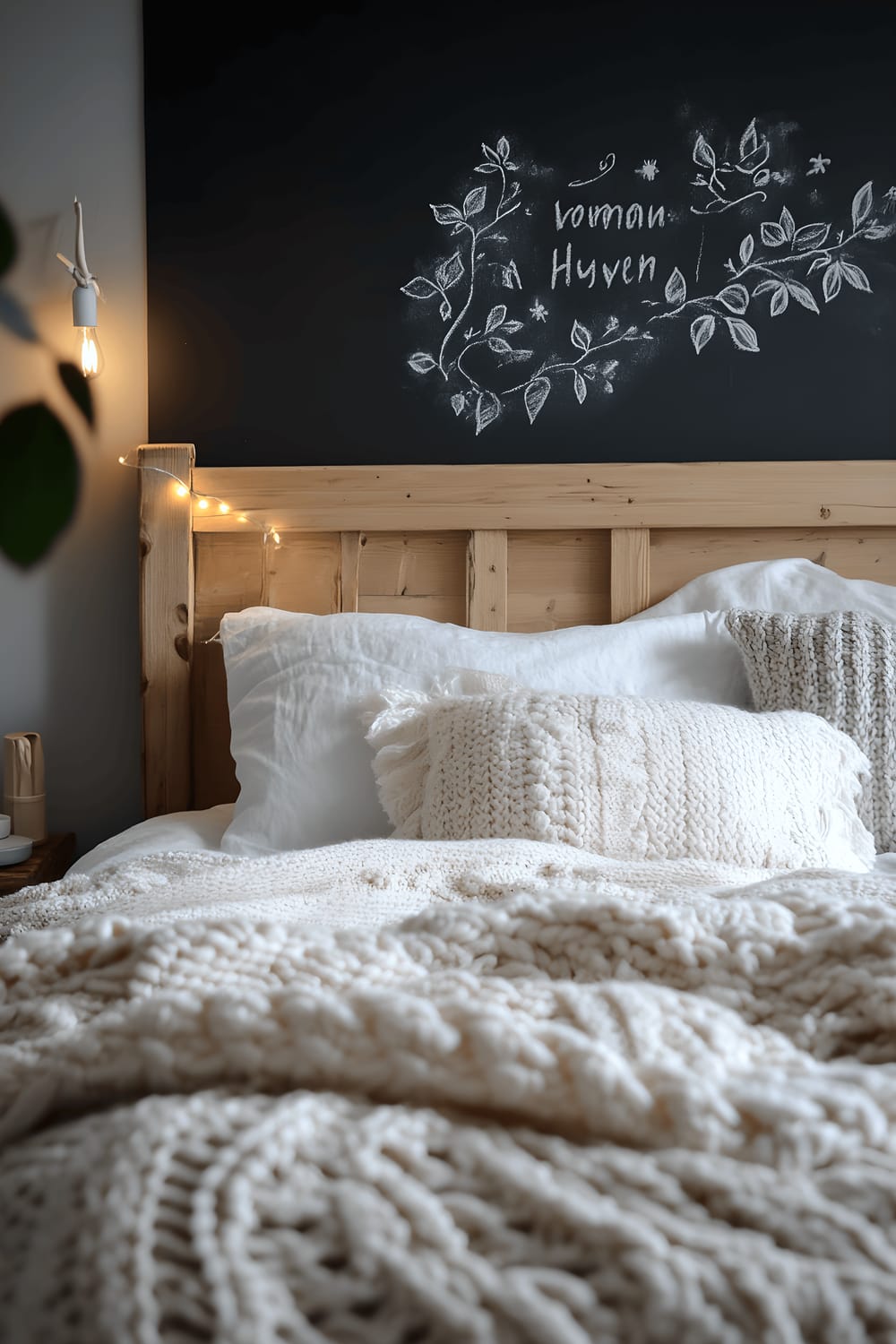 A Scandinavian Hygge bedroom showcasing a pastel chalkboard headboard with motivational quotes written in chalk. A light wood bed frame hosts plush white blankets and pillows. A knitted throw and quaint minimalist bedside tables embellish the scene. A table lamp enlightens the room, casting a warm ambient glow onto the chalk inscriptions and fostering a peaceful environment.