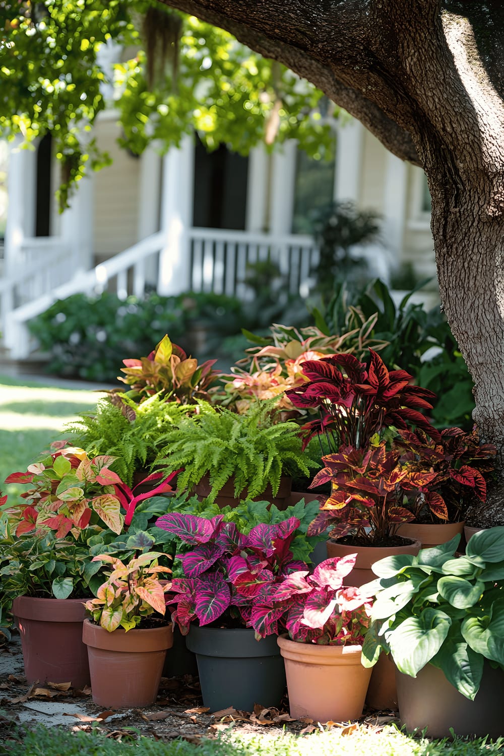 A charming corner of a sunny garden featuring a melange of potted plants placed under the shade of a tree. The variety includes lush, green ferns, vibrant coleus plants exhibiting red and orange hues, and bright pink begonias. The flora is artfully arranged in an assortment of terracotta and dark-colored pots, evoking an appealing, layered look. Partially obscured in the background is a two-story white house, while dappled sunlight filters through the tree leaves, casting warm highlights on the foliage and creating depth through shadows.