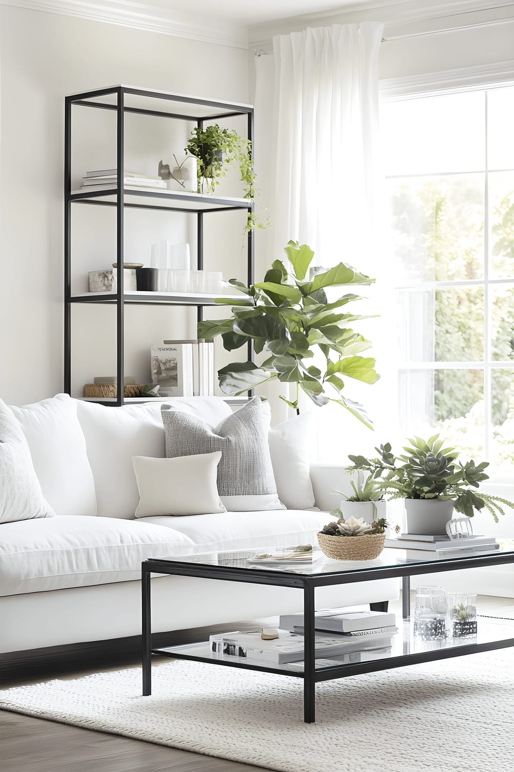 A modern living room featuring a simplistic white sofa with metallic legs set against a muted colored wall. A glass-topped coffee table sits in the center of the setting while a slim silver tiered shelf housing knick-knacks and plants adds a touch of sophistication. A warm wash of sunlight filters in from a corner bay window bouncing off the high sheen surfaces.