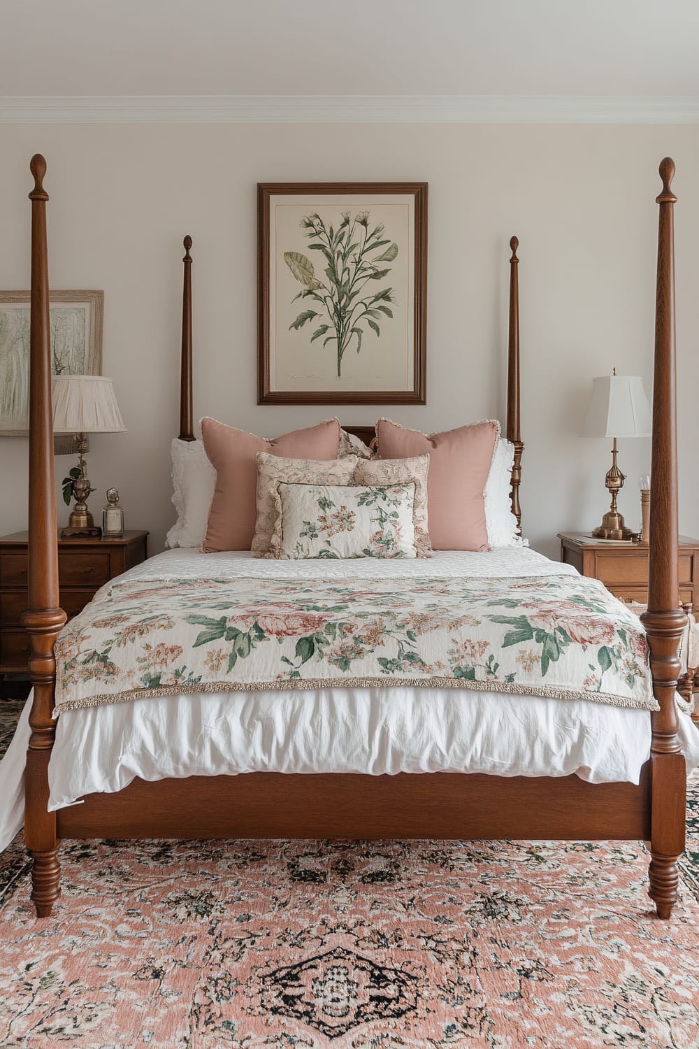 A neatly made four-poster bed with wooden frame, adorned with multiple pillows and a floral bedspread. The bed has white linens and pastel pink and floral throw pillows. On either side of the bed are wooden nightstands with vintage-style lamps. Above the bed hangs a botanical illustration framed in wood, with another similar framed artwork partially visible to the left.