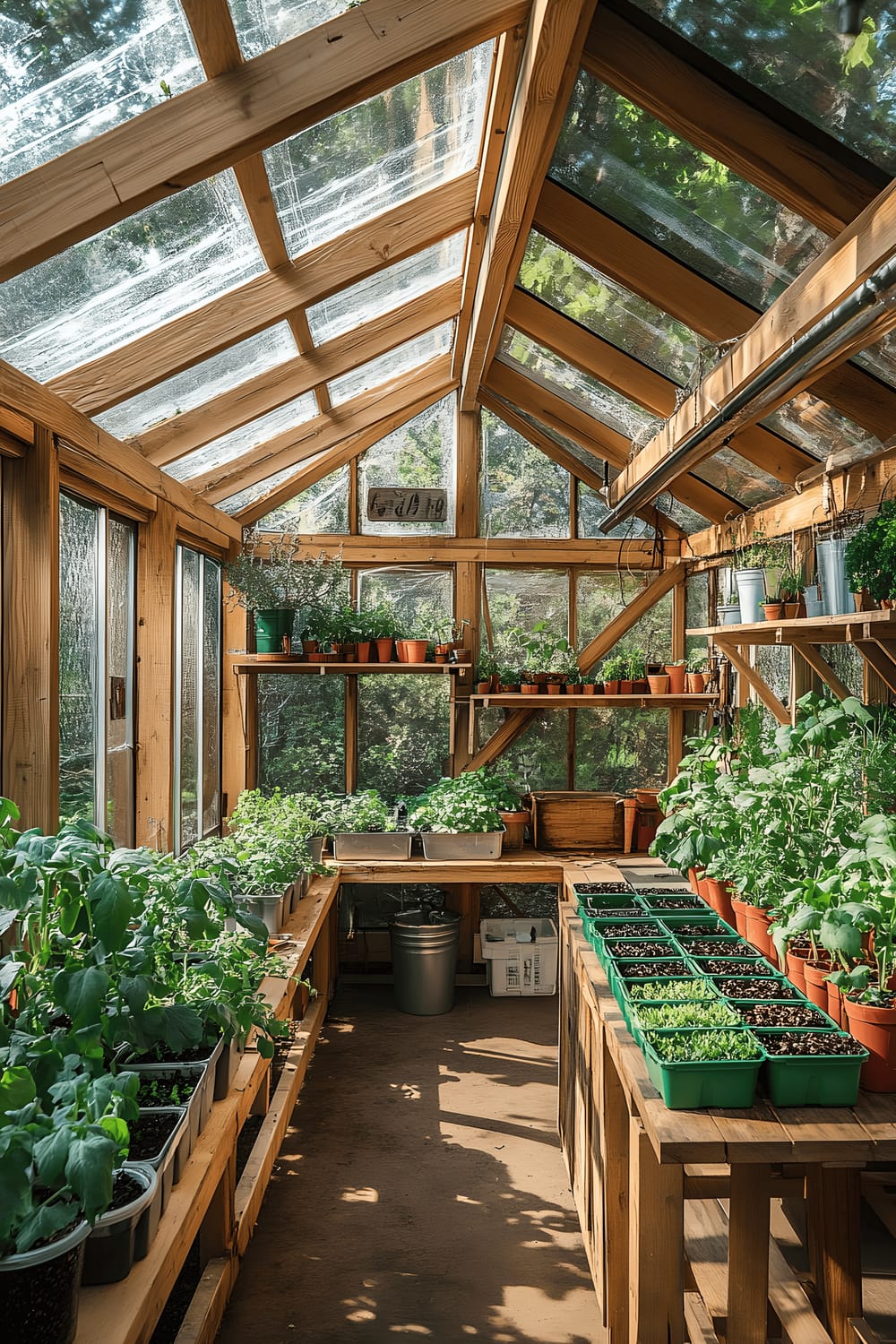 A sunlit backyard greenhouse built with wooden framework supporting glass panels. The greenhouse is filled with lush vegetation, including rows of cherry tomatoes trellised to the ceiling, trays of microgreens on a rustic wooden bench, and shelves displaying pots of cilantro and baby spinach.