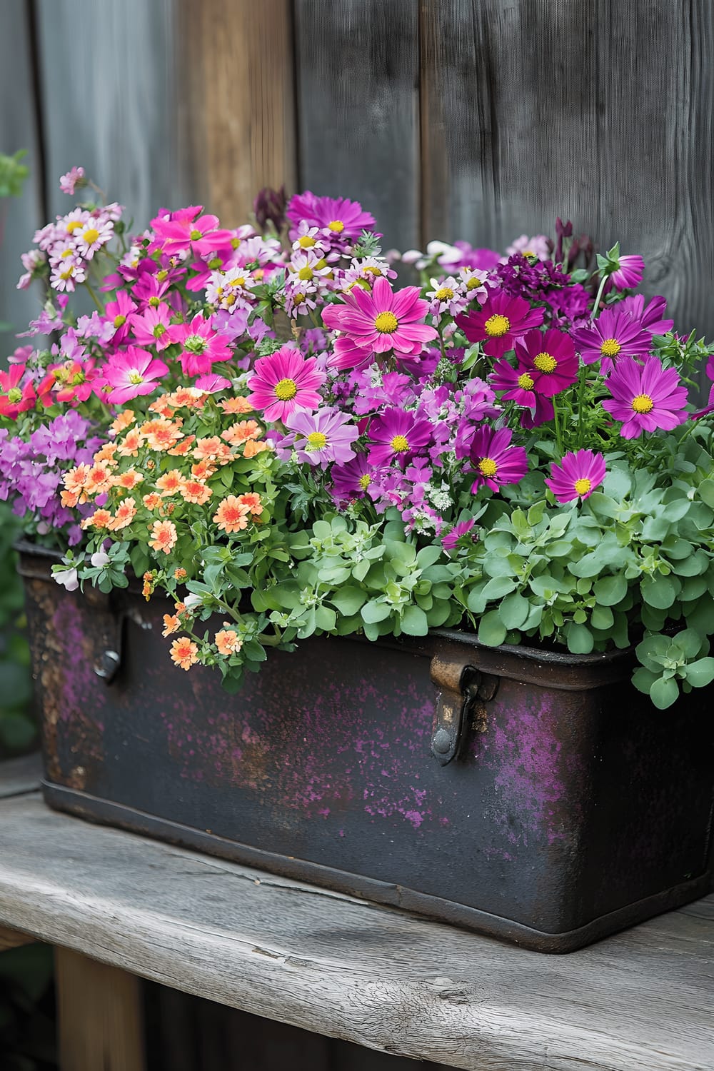 A rustic metal toolbox filled with various succulent and wildflowers including bright cosmos and purple verbena set on a wooden bench, all in an outdoor setting.