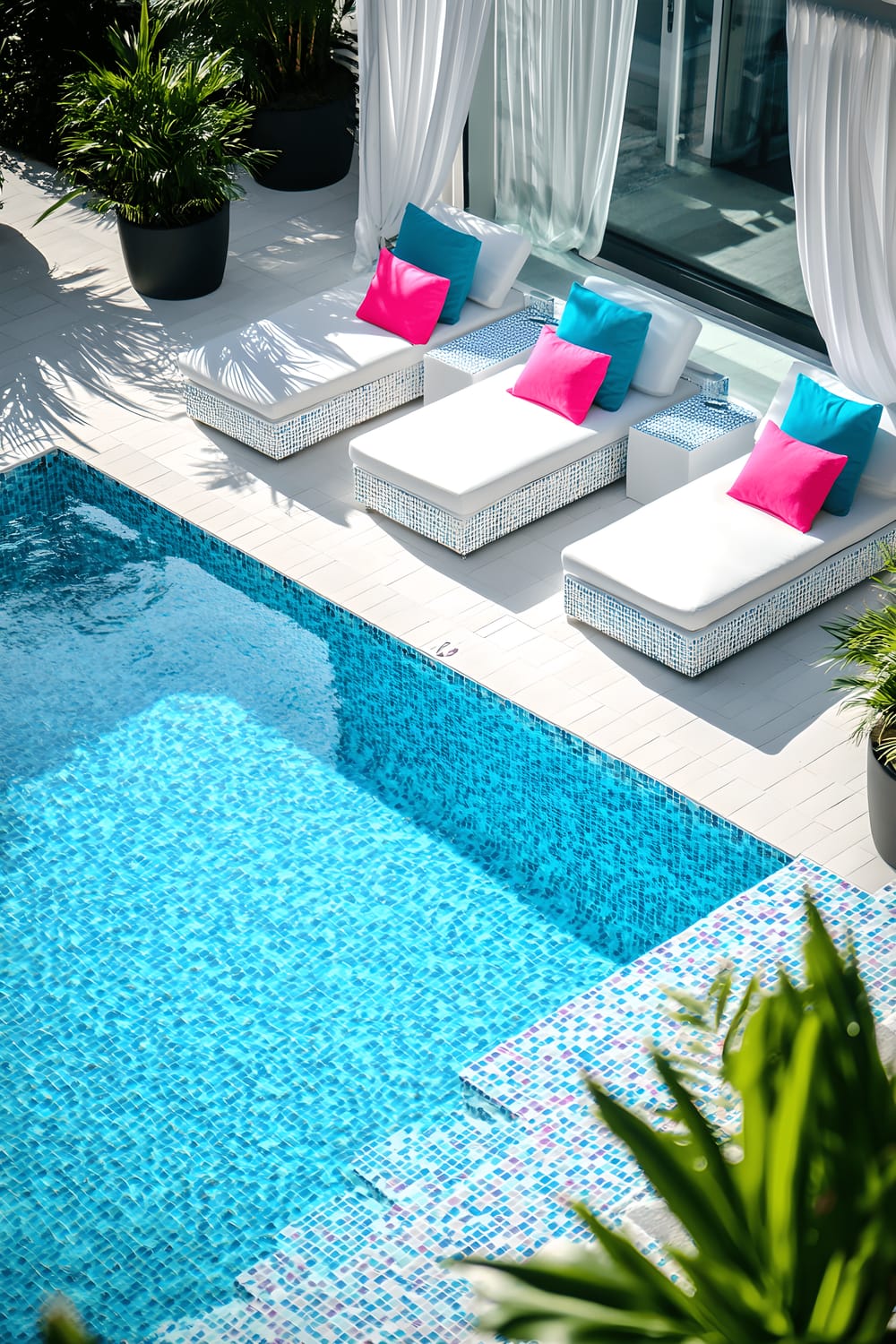 A chic and modern poolside lounge area featuring a rectangular swimming pool finished with mosaic blue and white tiles, an assortment of minimalist white chaise lounges accented with bold pink and teal cushions, a stylish glass cabana with white, sheer curtains for shade, and spacious geometric black planters hosting vibrant green plant life. The area is bathed in gentle, natural midday light, captured from an elevated angle to highlight the arrangement and lively colors of the space.