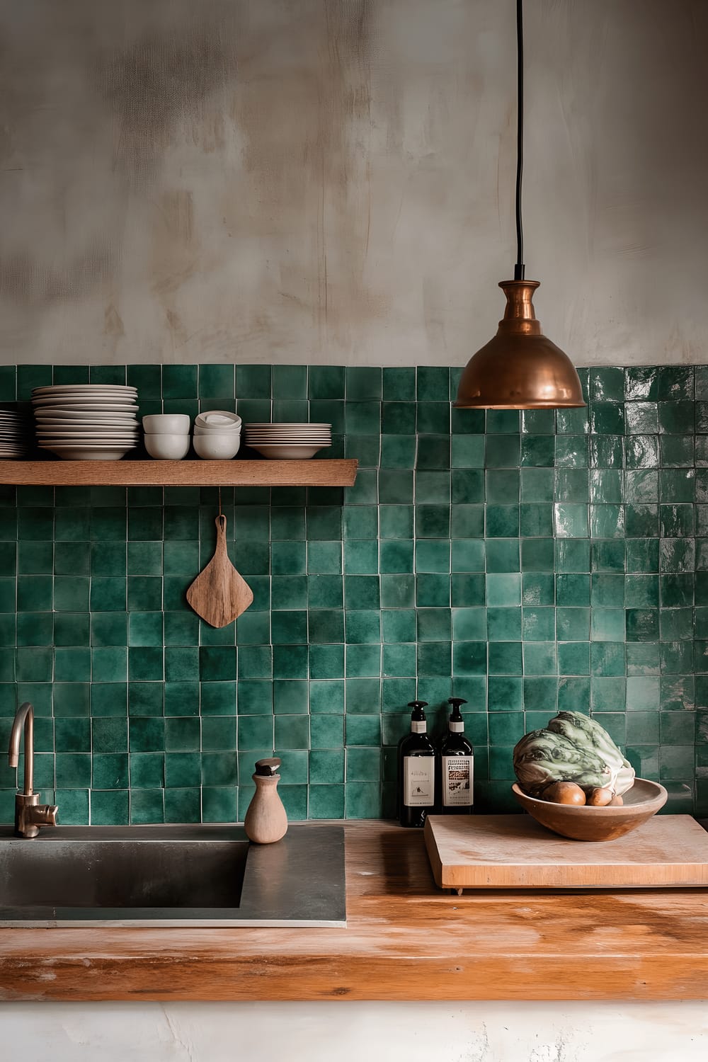 A kitchen scene focusing on a dark emerald-green, handmade Moroccan-inspired zellige tile backsplash. Each tile appears slightly uneven, reflecting the warm yellow glow from pendant light fixtures above.