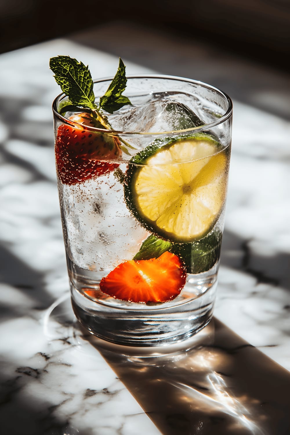 A close up image of a clear glass filled with ice water, lime slices, strawberry pieces, and mint leaves; the glass bears condensation droplets and sits on a light marble countertop in soft, natural lighting.