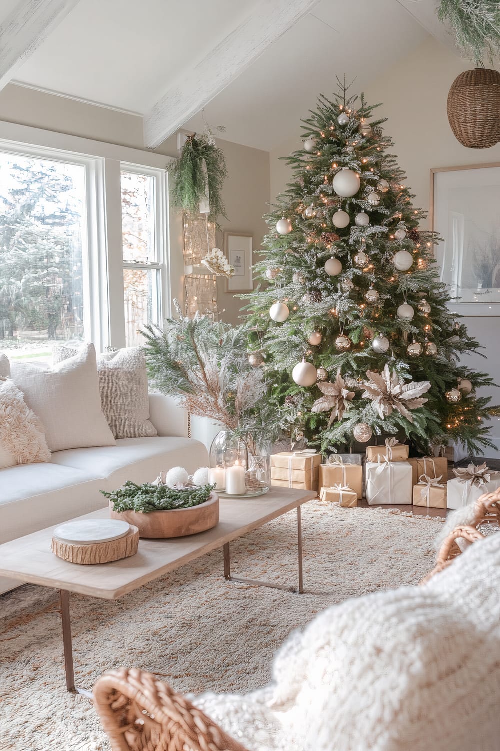 A serene and tastefully decorated living room with a Christmas theme. A tall, lush Christmas tree is adorned with an array of white and gold ornaments and twinkling lights, with wrapped presents placed underneath. A sunlit window with green foliage hanging accentuates one corner. A plush white sofa with cream-colored pillows sits next to a wooden coffee table that displays decorative items such as candles, greenery, and a vase. A woven wicker chair and a textured beige rug complete the room setup.