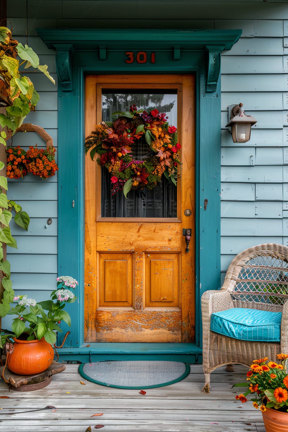 A vibrant, inviting front porch area featuring a wooden door with visible wear, decorated with a colorful autumn wreath made of foliage and flowers. The door is framed by teal trim matching the house’s light blue siding. A wicker chair with a teal cushion sits adjacent, complementing the teal-painted sidings. The porch is adorned with potted plants in both wicker baskets and an orange pumpkin-shaped pot, adding to the charming, autumnal theme. A vintage-style lantern is mounted beside the door, casting a warm, rustic ambiance.