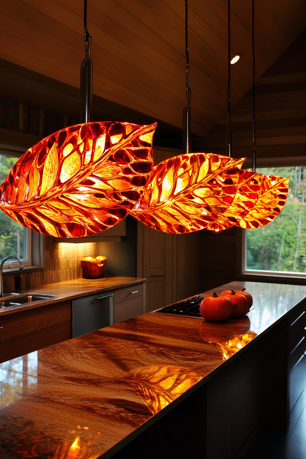 A modern kitchen features a center island with a polished, wood-patterned countertop adorned with a trio of small pumpkins. It's illuminated by three large pendant lights shaped like glowing orange leaves, reflecting warmly onto the countertop. The background includes kitchen appliances, a sink, cabinetry, and a window with a view of trees outside.