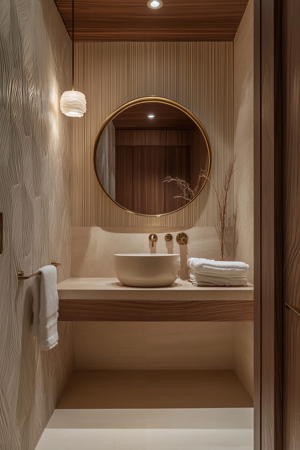 This minimalist bathroom features an elegant round mirror with a gold frame above a beige stone sink. The walls have intricate, wavy-textured surfaces, and the countertop holds a neatly folded stack of white towels and a dried plant branch in a slender vase. A delicate pendant light hangs on the left, casting a warm glow.