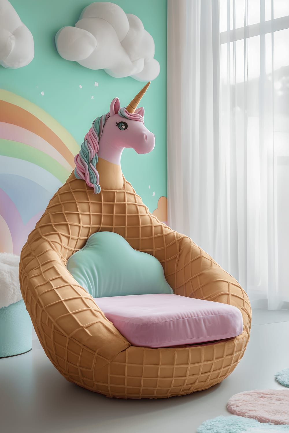 A delightful image capturing a unique chair designed to resemble a giant ice cream cone, with a waffle-patterned base in golden brown and a plush, swirled cushion in bright pink and mint green. The chair stands against a pastel-colored wall adorned with whimsical cloud and rainbow decals. Natural light from a large window illuminates the vibrant chair and the minimal white furnishings in the room. Further enhancing the playful vibe is a single, oversized stuffed unicorn resting in the corner.