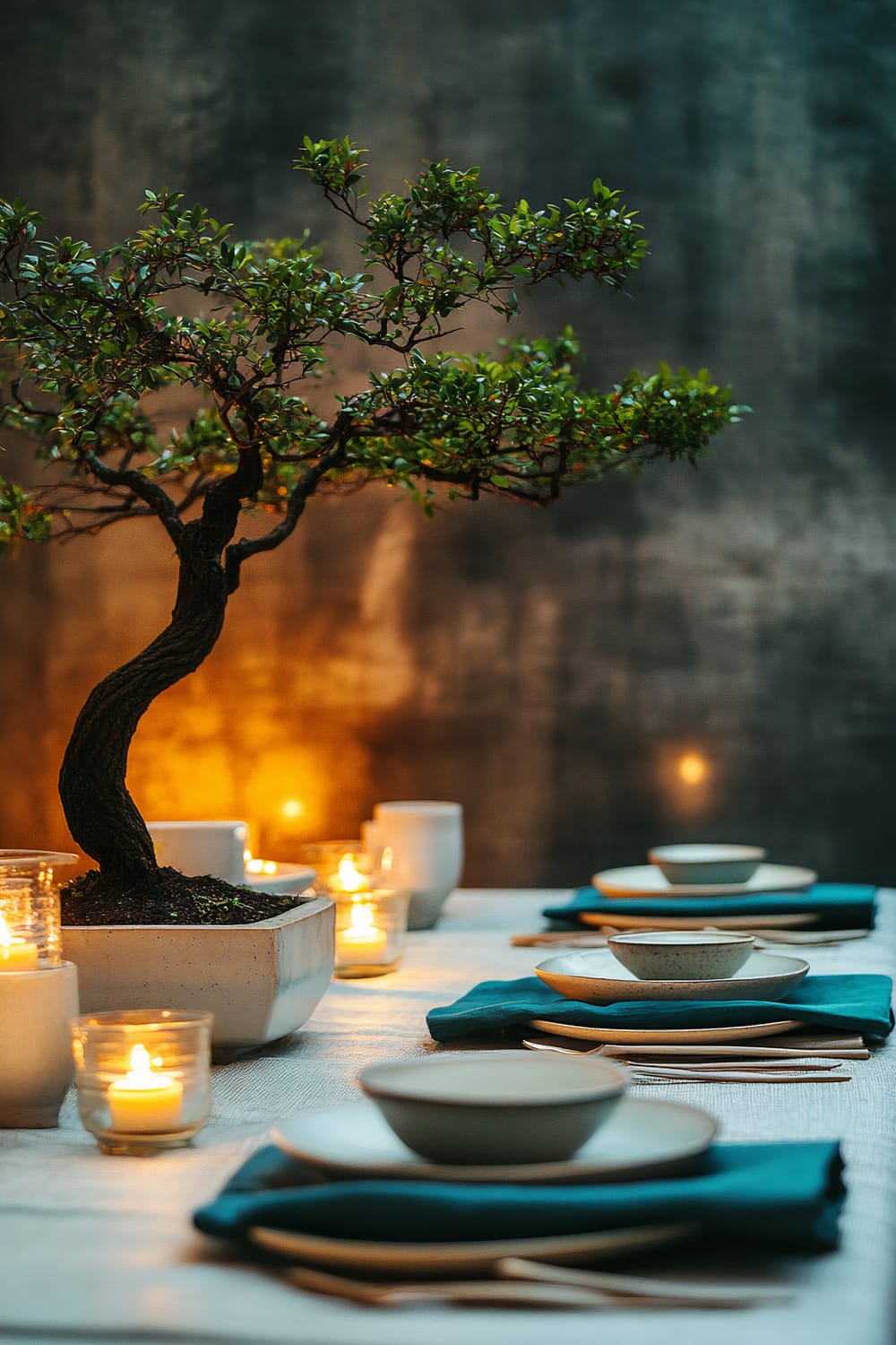 A Zen-inspired dinner table setting featuring neutral-toned ceramic tableware, bold teal napkins, and a single bonsai tree as the centerpiece. Soft candlelight adds warm ambient lighting, creating a tranquil and minimalist atmosphere.