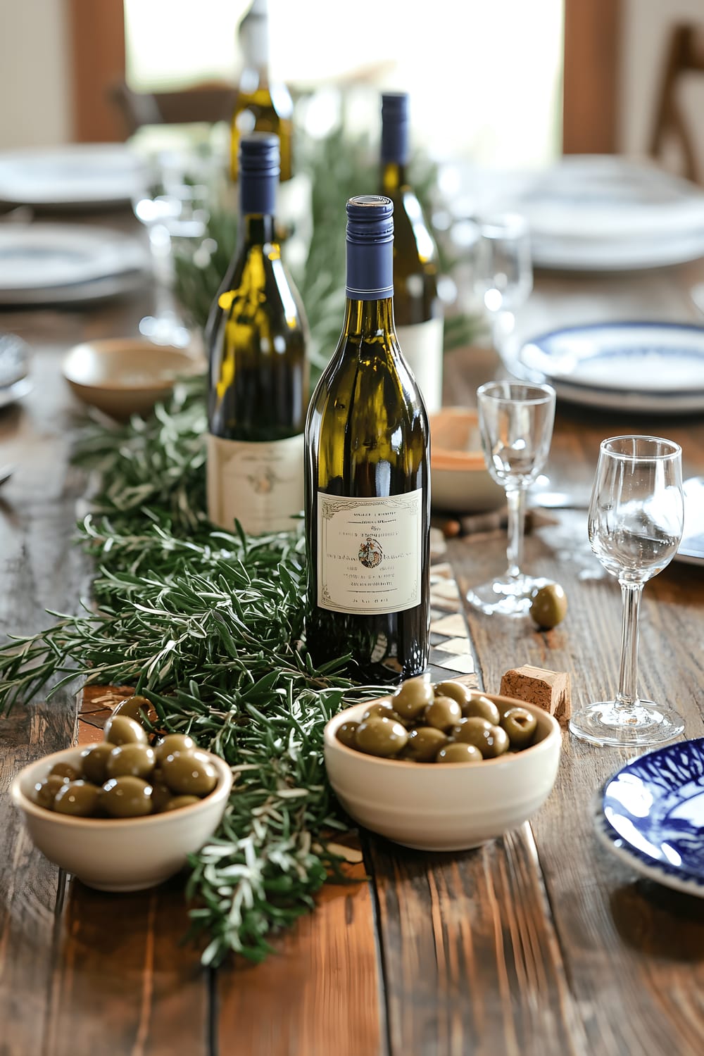 A rustic wooden kitchen table with a fresh Mediterranean-inspired centerpiece. The centerpiece consists of several elegant olive oil bottles in various sizes, surrounded by sprigs of fresh herbs like rosemary and thyme. There are small ceramic bowls filled with olives and decorative ceramic tiles adding texture to the scene. The arrangement is placed on a light linen runner and is beautifully illuminated by natural sunlight amplifying the golden hues of the olive oil and the vibrant green of the herbs.