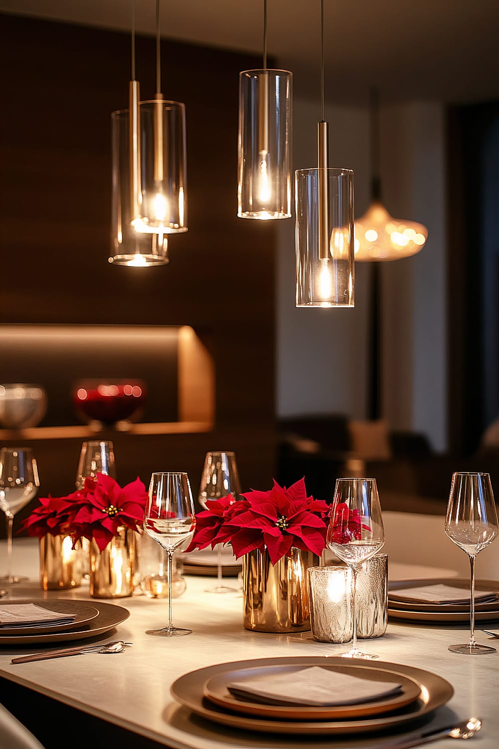 The image presents an elegantly set dining table adorned with red poinsettia arrangements in metallic vases. The table setting features sleek, modern tableware, including polished chargers, white plates, and neatly folded napkins. Delicate wine glasses add a touch of sophistication. Above the table are contemporary glass pendant lights casting a warm glow, enhancing the intimacy of the setting. Further in the background, another softly lit pendant light contrasts with the dark surroundings, adding depth to the overall ambiance of the space.