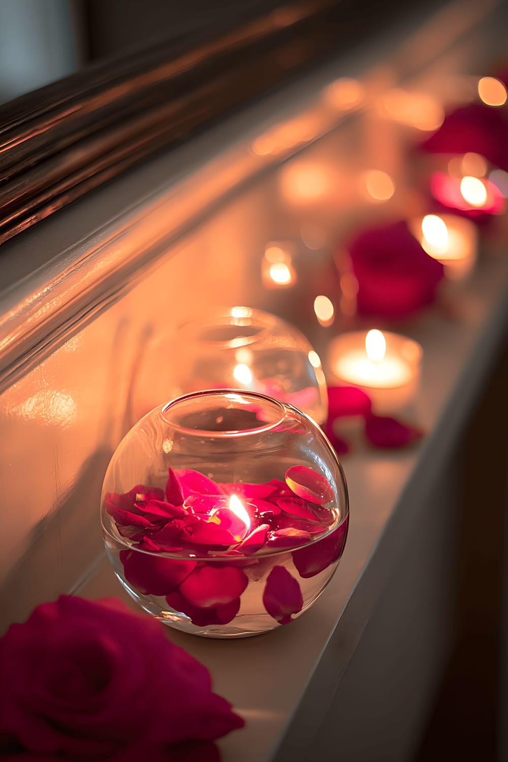 A mantel decor consisting of transparent glass orbs filled with floating pink rose petals, softly bathed in candlelight.