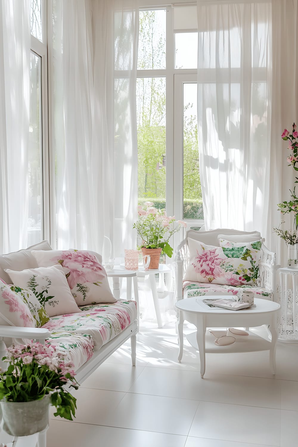 A bright, spacious sunroom filled with natural light. There's an array of Scandinavian-style furniture in white and pastel colors. The room features a white sofa adorned with cushions covered in floral prints. A glass coffee table sits in front of the sofa. Translucent curtains hang from the windows and show a suggestion of an outdoor view. The floor is made up of bright, polished wood and a light-colored rug is spread beneath the furniture. The sunroom looks inviting and well lit.