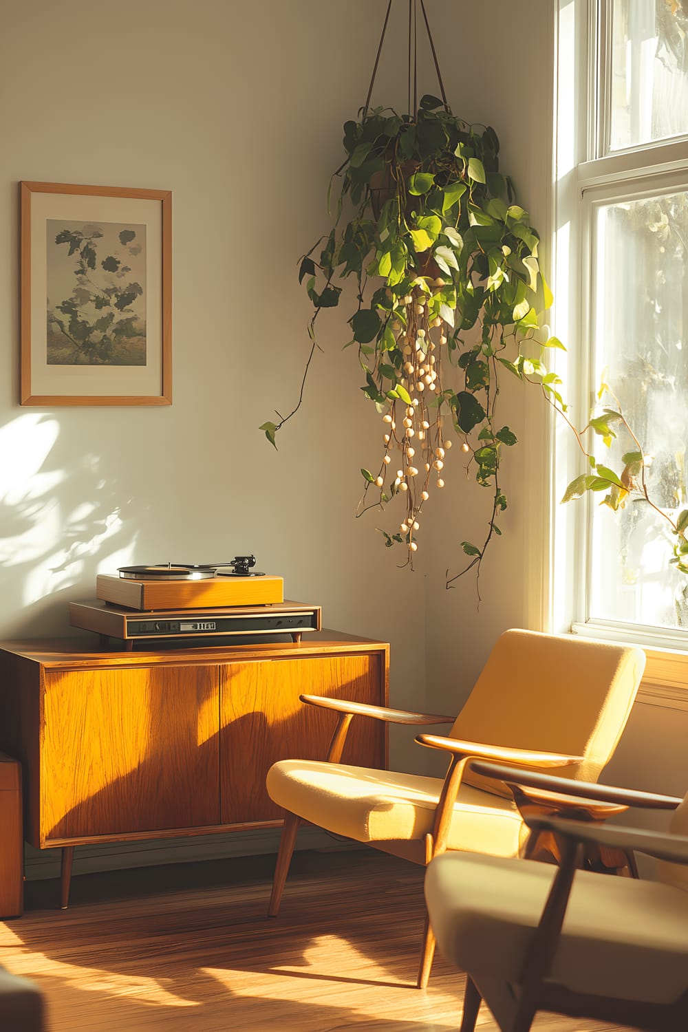 A minimalist living room featuring dual aspect windows that flood the room with sunlight. The room displays a warm colour scheme characterized by a pair of antique yellow mid-century modern chairs arranged next to a walnut sideboard. On the sideboard rests a retro record player. A vibrant green String of Pearls plant cascades down from a ceiling hook, adding a touch of nature to the space.