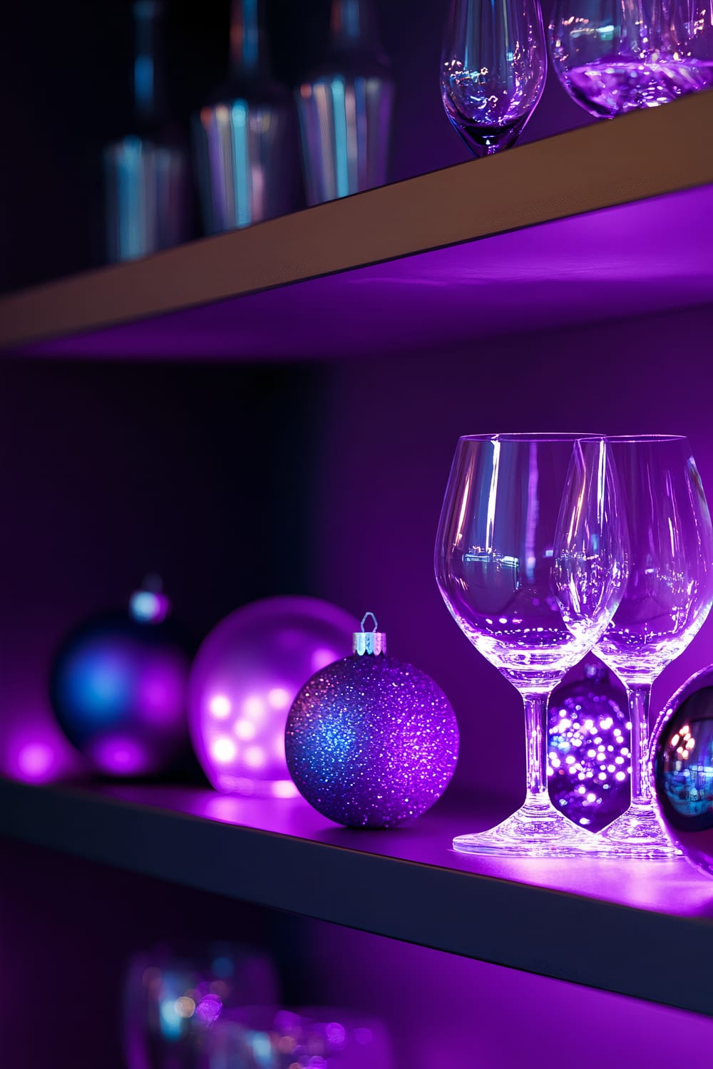 A modern kitchen shelf adorned with Christmas ornaments and illuminated by electric purple LED lights. The shelf features a sleek design, with several colorful Christmas balls and two empty wine glasses, all bathed in a vibrant purple glow against a dark backdrop.