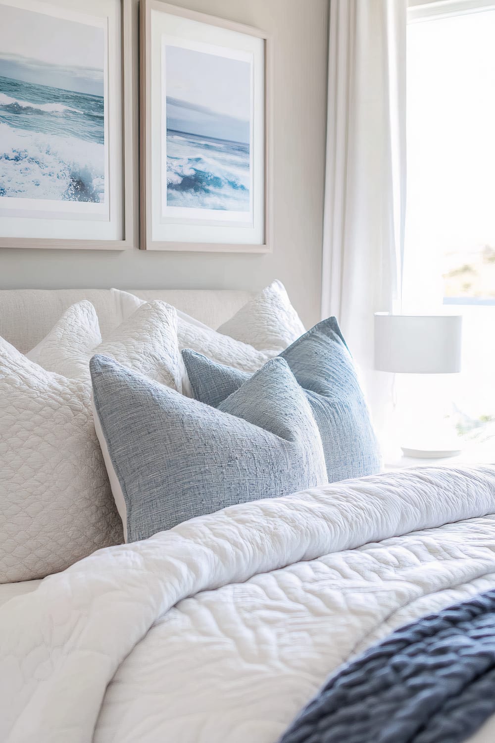 A close-up view of a bedroom interior showcasing a neatly made bed with white and blue accent pillows against white sheet and quilt. Above the bed are framed ocean-themed photographs depicting waves, adding a serene and coastal vibe to the space. A white lamp is partially visible on a side table next to the window, through which sunlight filters in, brightening the room.