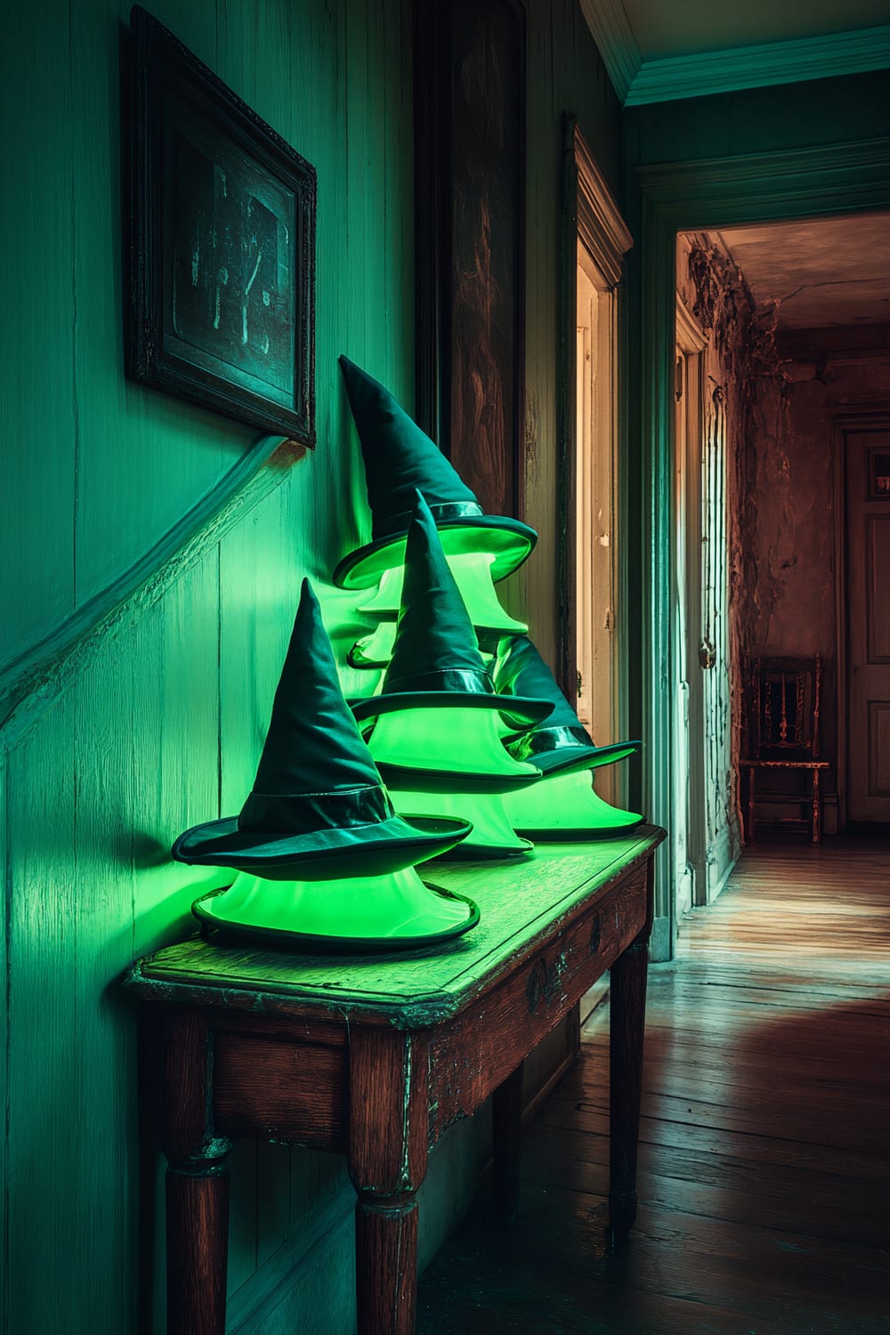 An arrangement of glowing neon green witch's hats stacked on a wooden console table in a dimly lit hallway. The scene has an eerie ambiance with faint light illuminating from doorways in the background and dark green walls that enhance the spooky atmosphere.