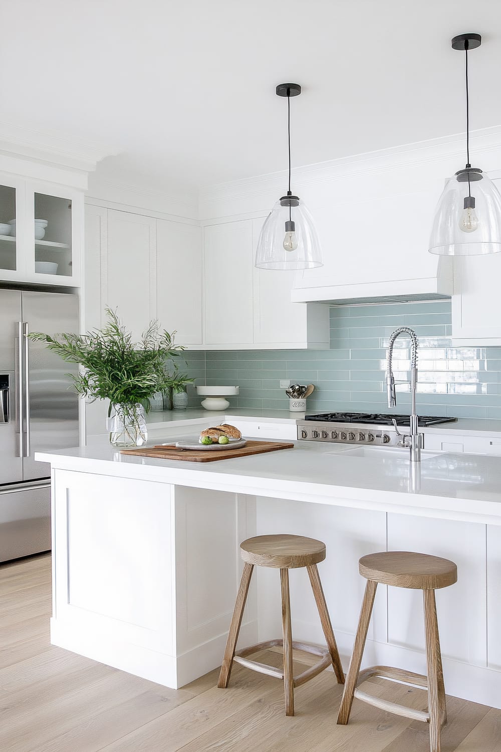 A modern kitchen features a white island with a gleaming, smooth countertop and two wooden stools. Above the island hang two pendant lights with clear glass shades. The background includes a stainless steel refrigerator and a backsplash of horizontally-laid light blue tiles. On the island is a cutting board with bread and limes alongside a vase filled with green foliage. The cabinetry is white with simple, sleek lines, fitting with the minimalist aesthetic.