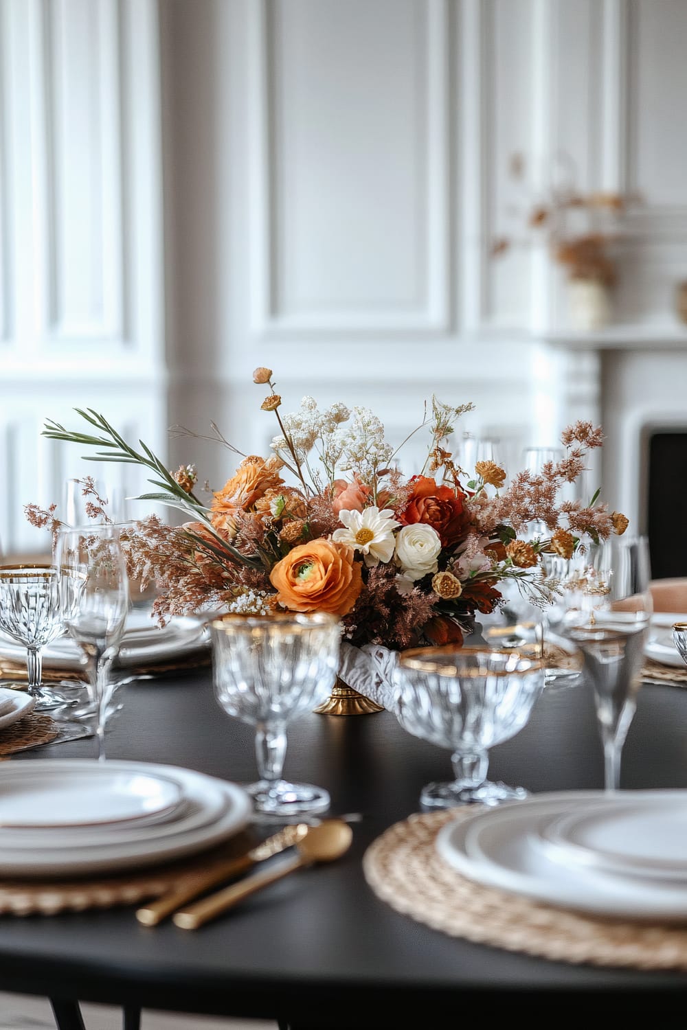 A luxurious dining table set with white plates, gold flatware, and crystal glasses with gold rims. A centerpiece of orange and white flowers with green foliage sits prominently in the middle of the table. The background features elegant white paneled walls and a fireplace adorned with additional florals.