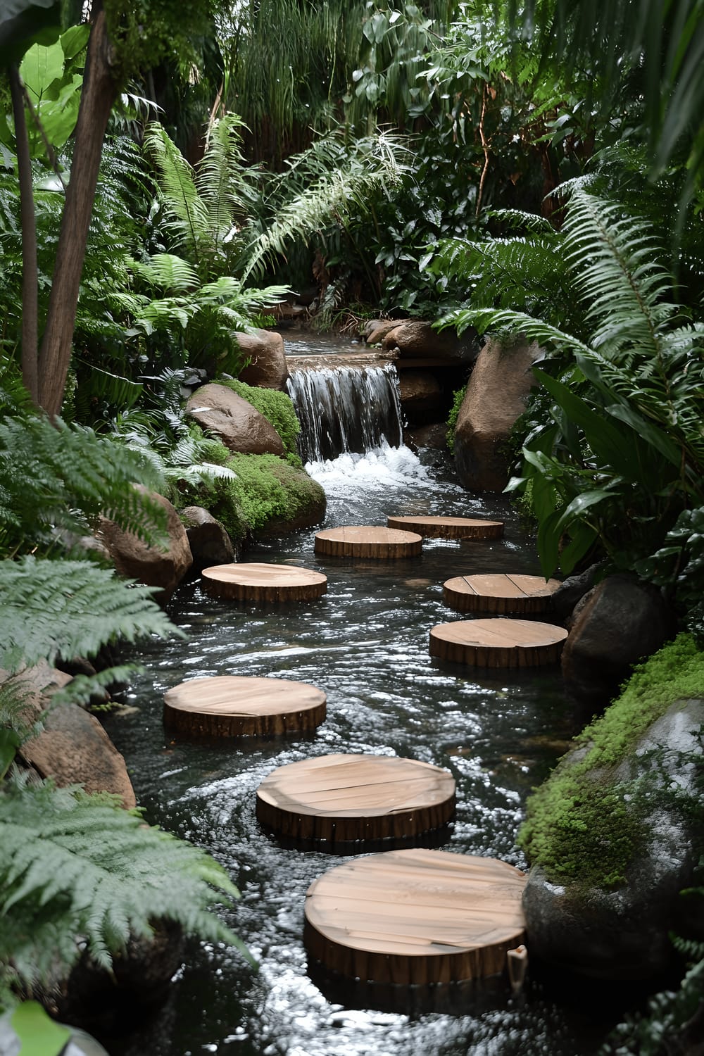 A natural water play area featuring a small stream with cascading waterfalls. Smooth stepping stones laid out across the water invite children to cross the stream. Several children are engaged in creating stick dams and floating wooden boats downstream. The area is bordered by moss-covered rocks and overshadowed by tall ferns, creating a lively and immersive play experience in nature.