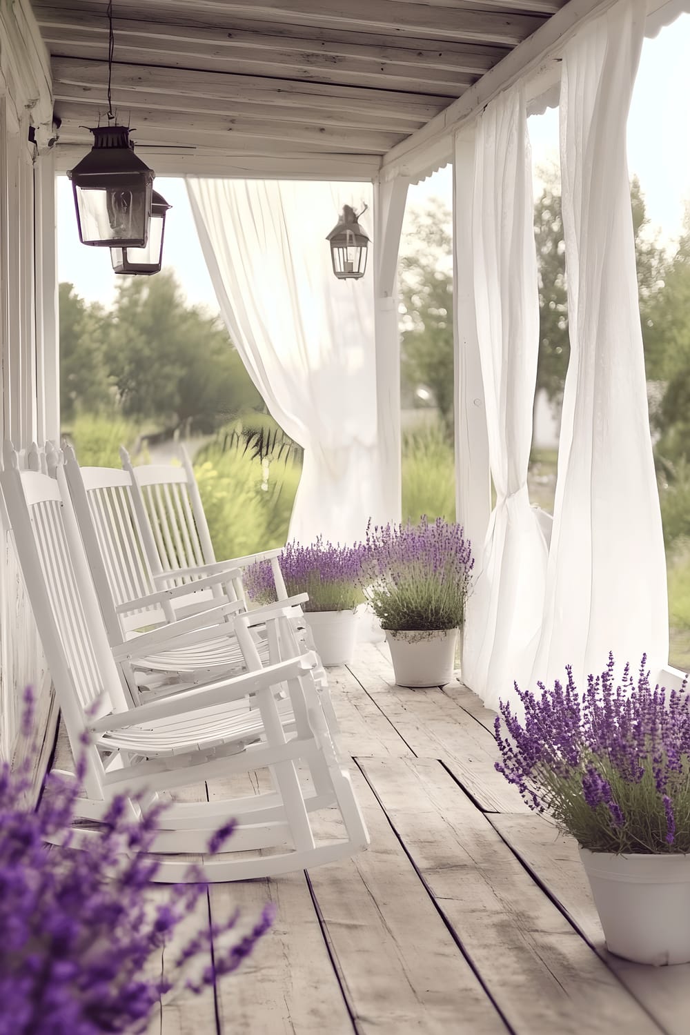 A classic wrap-around porch features several white wooden rocking chairs, potted lavender plants, and vintage lanterns hanging from rustic beams. The porch is adorned with sheer white curtains, slightly swayed by a soft breeze. The overall atmosphere of the porch is relaxed and inviting.