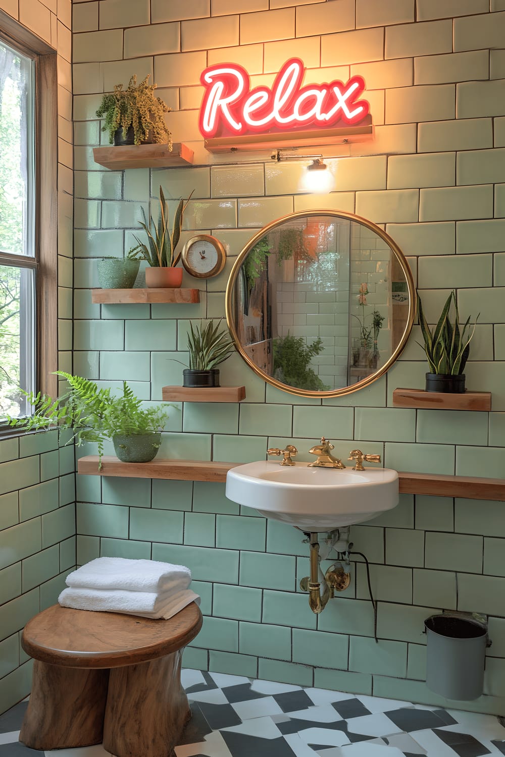 A 1970s-inspired bathroom featuring avocado-green tiles on the wall and a playful checkerboard floor. The bathroom has floating wooden shelves holding retro ceramic planters. There's a round brass mirror hanging above a white sink with a brass faucet. A vibrant neon sign on the wall reads "Relax".