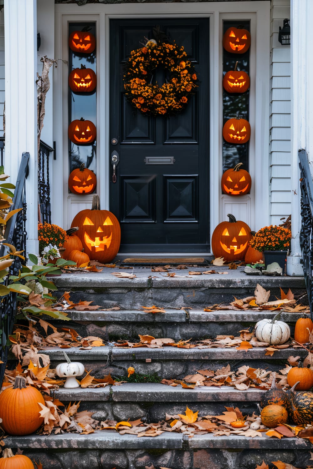 A front porch decorated for Halloween with multiple carved jack-o'-lanterns, orange and white pumpkins, and a wreath on the black door. Fallen leaves are scattered across the stone steps leading up to the door, which is framed by white siding.