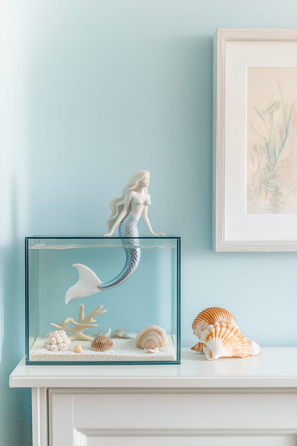 A sleek glass aquarium with a small ceramic mermaid figurine inside is centered on a minimalist white shelf. The background features a light blue wall with a framed sea-inspired artwork and an arrangement of seashells next to the aquarium. Soft natural light enhances the serene and modern atmosphere.