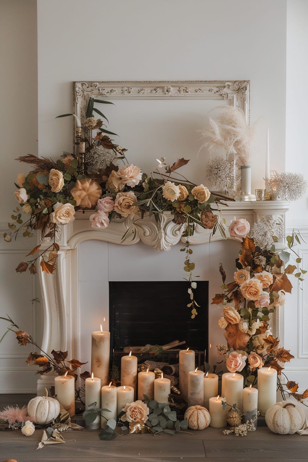 A decorative fireplace adorned with an array of autumn-themed decor. The mantel features an elaborate arrangement of cream and peach roses, eucalyptus leaves, and dried flowers. Surrounding the bottom of the fireplace are numerous lit pillar candles, small white pumpkins, and additional floral elements, enhancing the warm, welcoming ambiance.