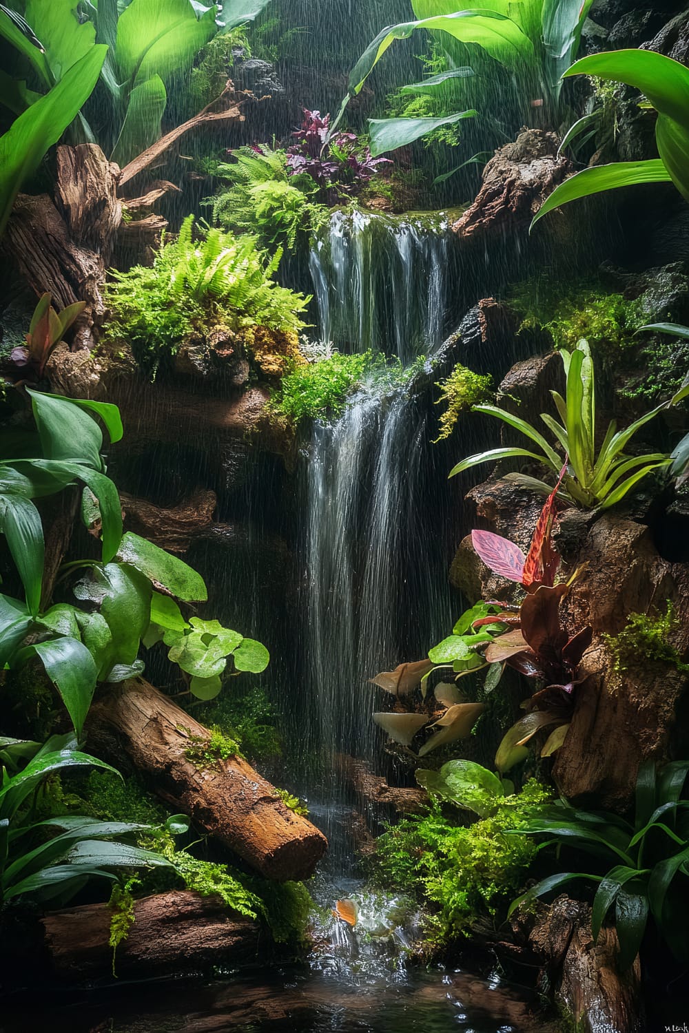 A small, lush indoor waterfall surrounded by a variety of green plants and ferns. The water cascades gently over rock formations and wooden logs, creating a serene and natural atmosphere.