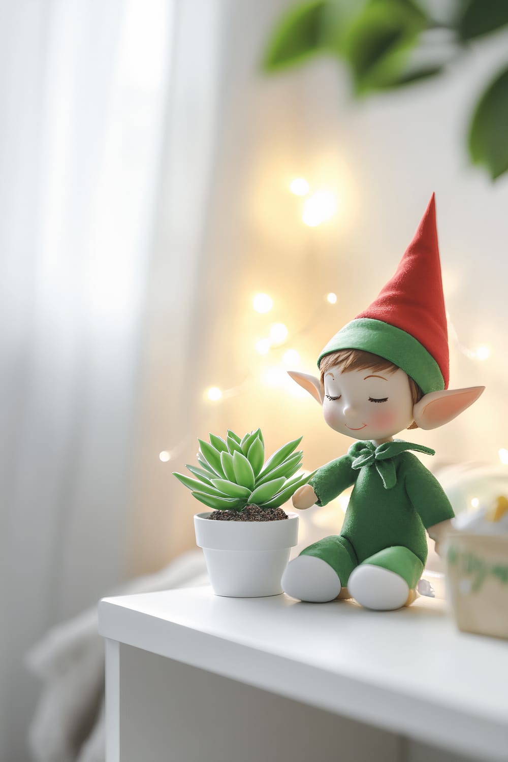 A children’s bedroom scene with a small green elf figurine in a green outfit and a red hat, sitting next to a potted succulent on a white shelf. Soft lighting highlights the minimalist and clean decor, with a blurred background featuring white walls and indoor plants.