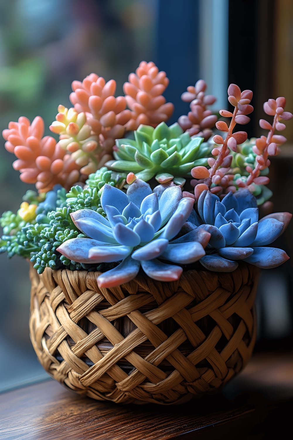 A close-up image of a rustic, woven basket holding an arrangement of various succulent plants. The succulents display a mix of vibrant greens and subtle purples, adding a diverse contrast to the neutral tones of the basket.